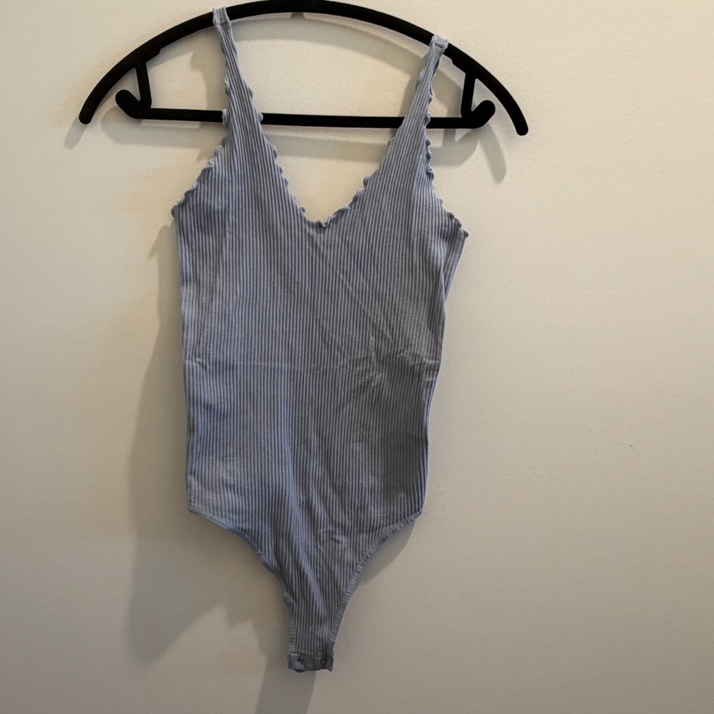 Intimately Free People Ribbed V-Neck Lettuce Edge Bodysuit Blue XS/S Thong Back